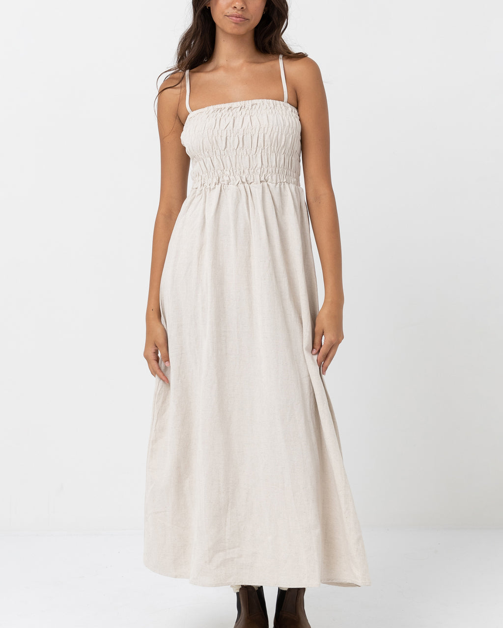 WOMENS CLASSIC SHIRRED MIDI DRESS