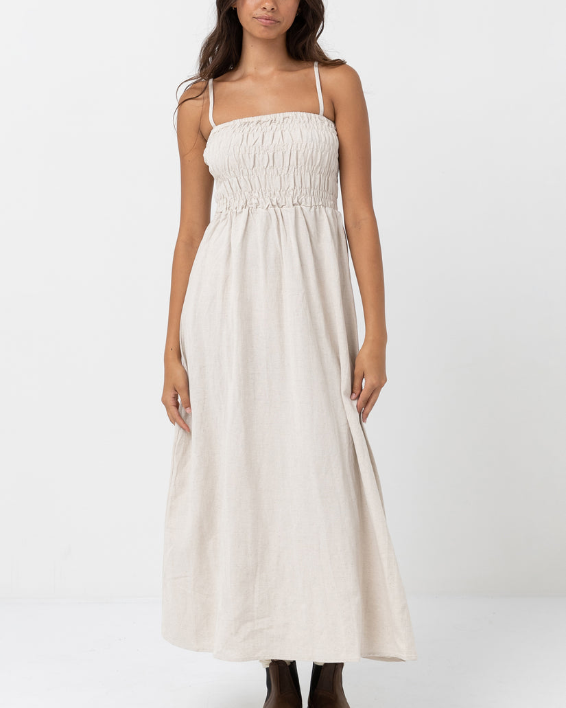 WOMENS CLASSIC SHIRRED MIDI DRESS