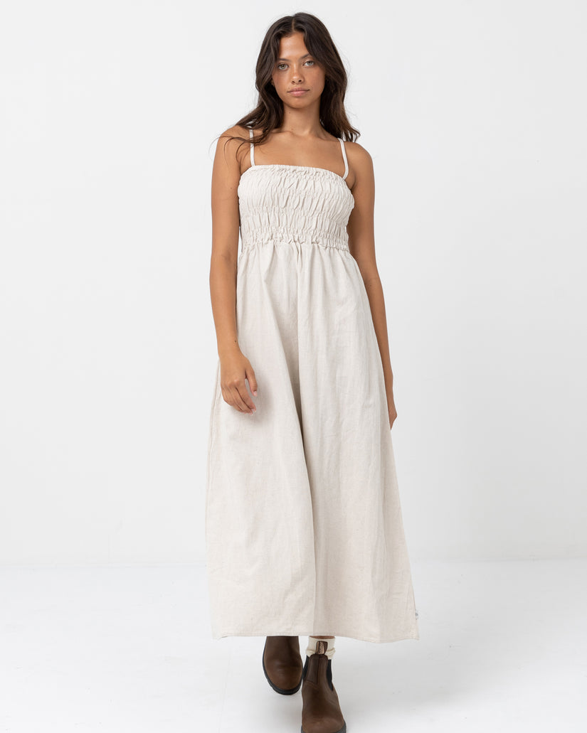 WOMENS CLASSIC SHIRRED MIDI DRESS