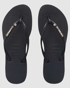 Womens Slim Metal Logo Crystal Thongs