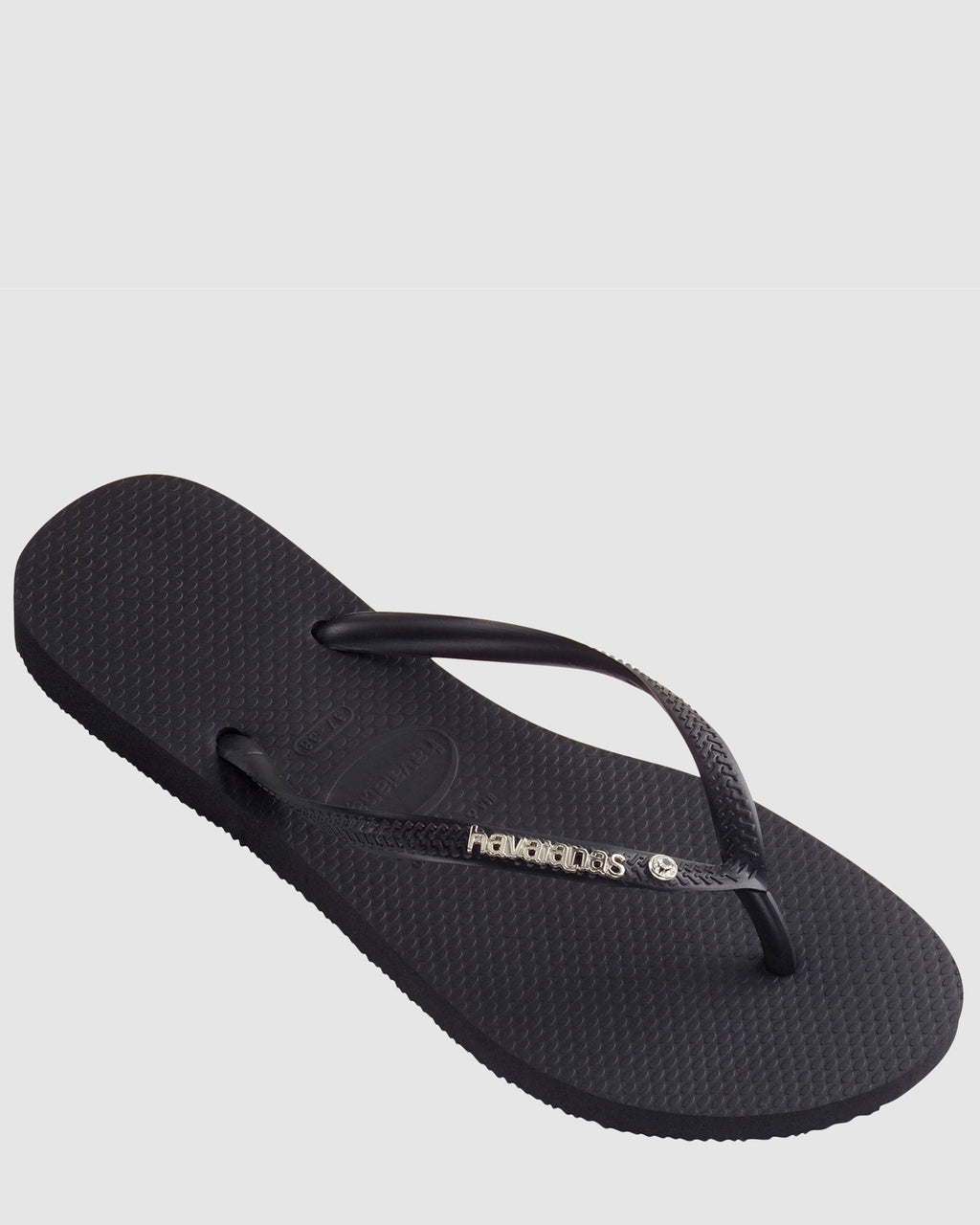 Womens Slim Metal Logo Crystal Thongs