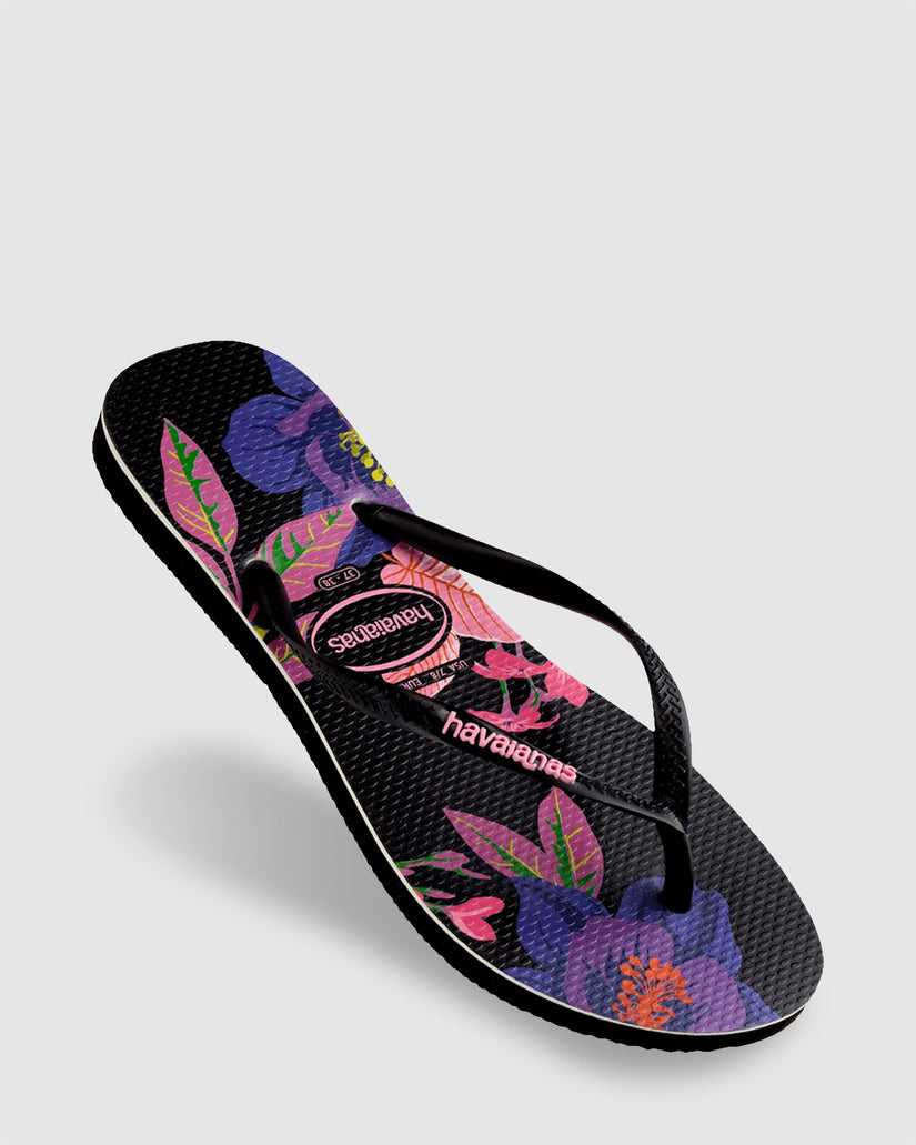 Womens Slim Floral Neon Black Thongs