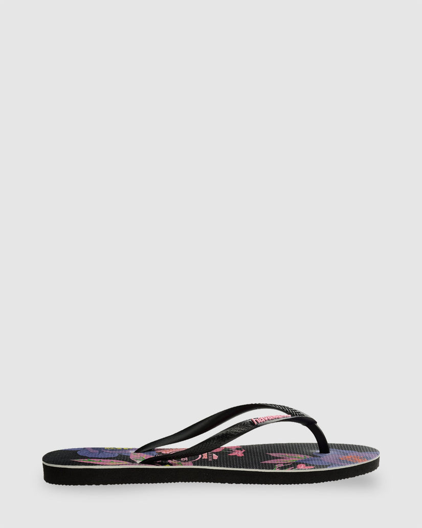 Womens Slim Floral Neon Black Thongs