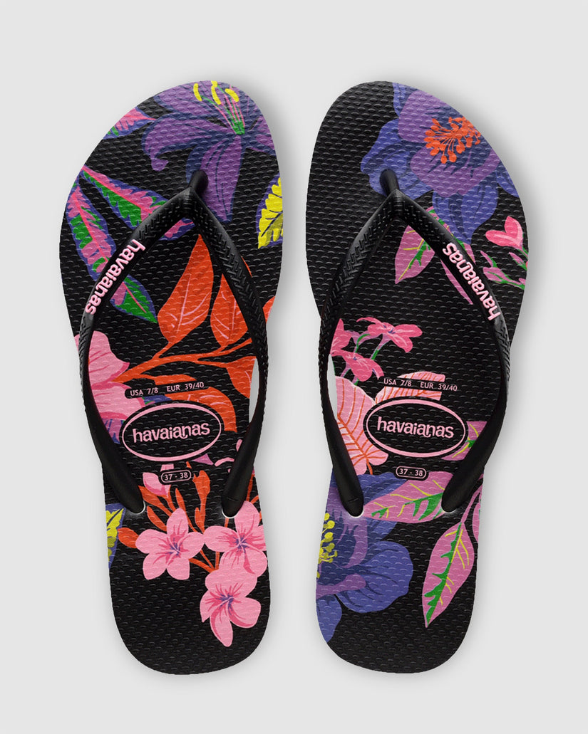 Womens Slim Floral Neon Black Thongs