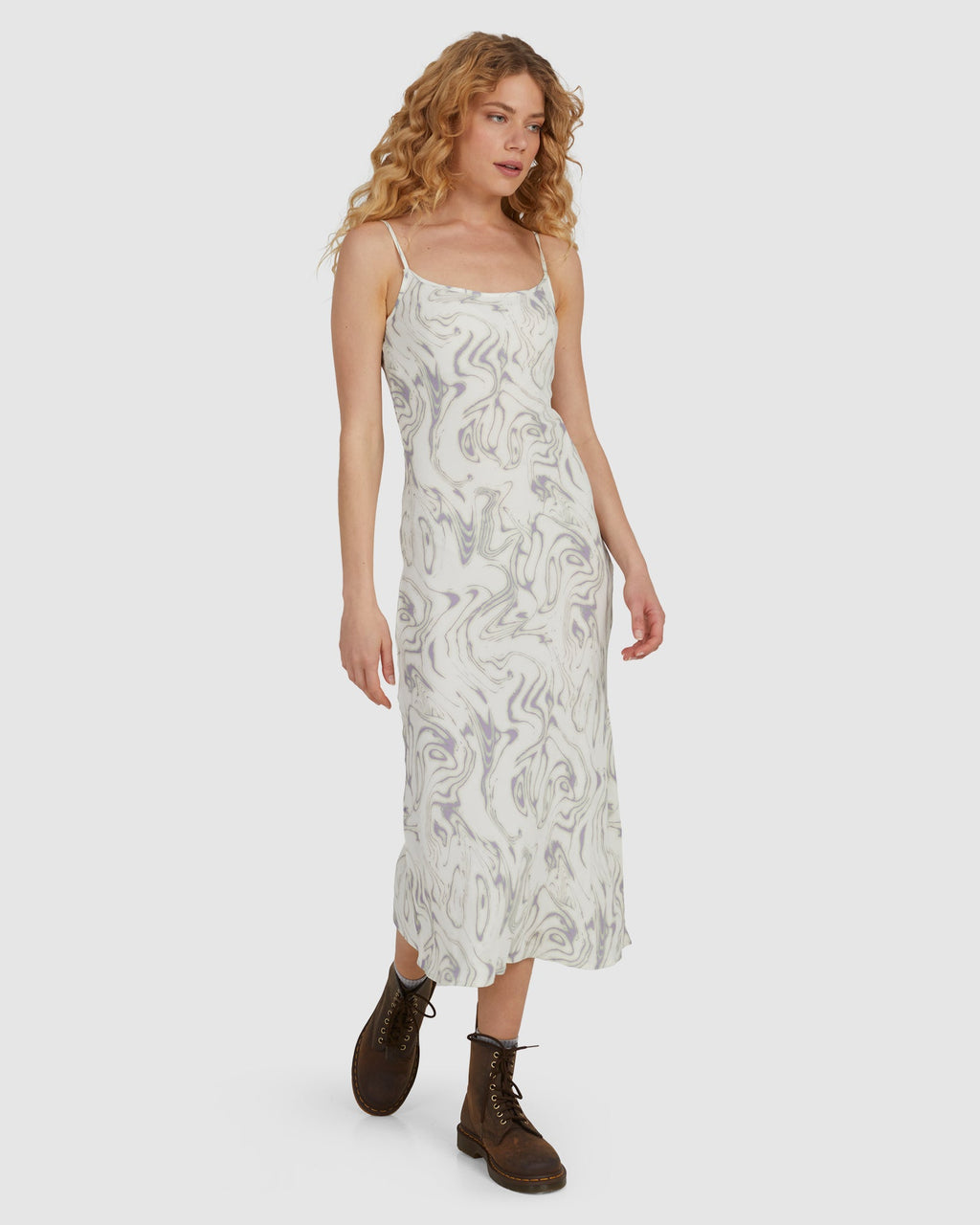 Womens Marbled Paradise Bias Midi Dress