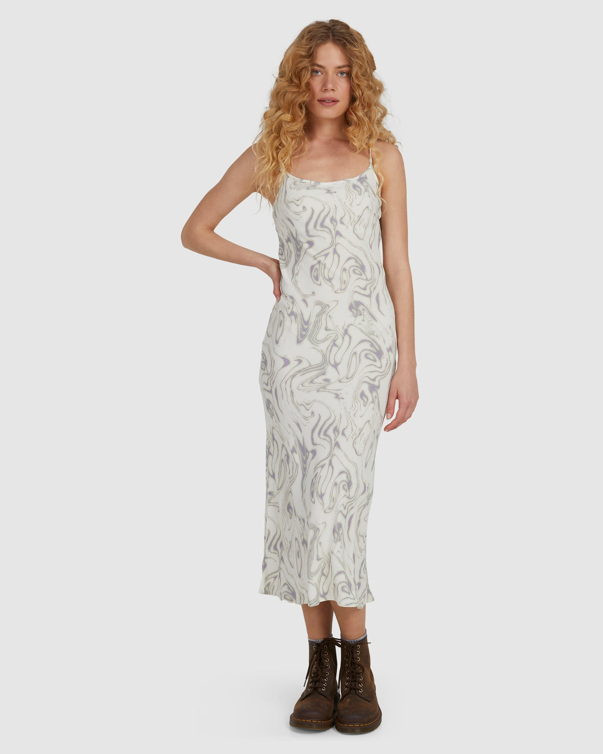Womens Marbled Paradise Bias Midi Dress
