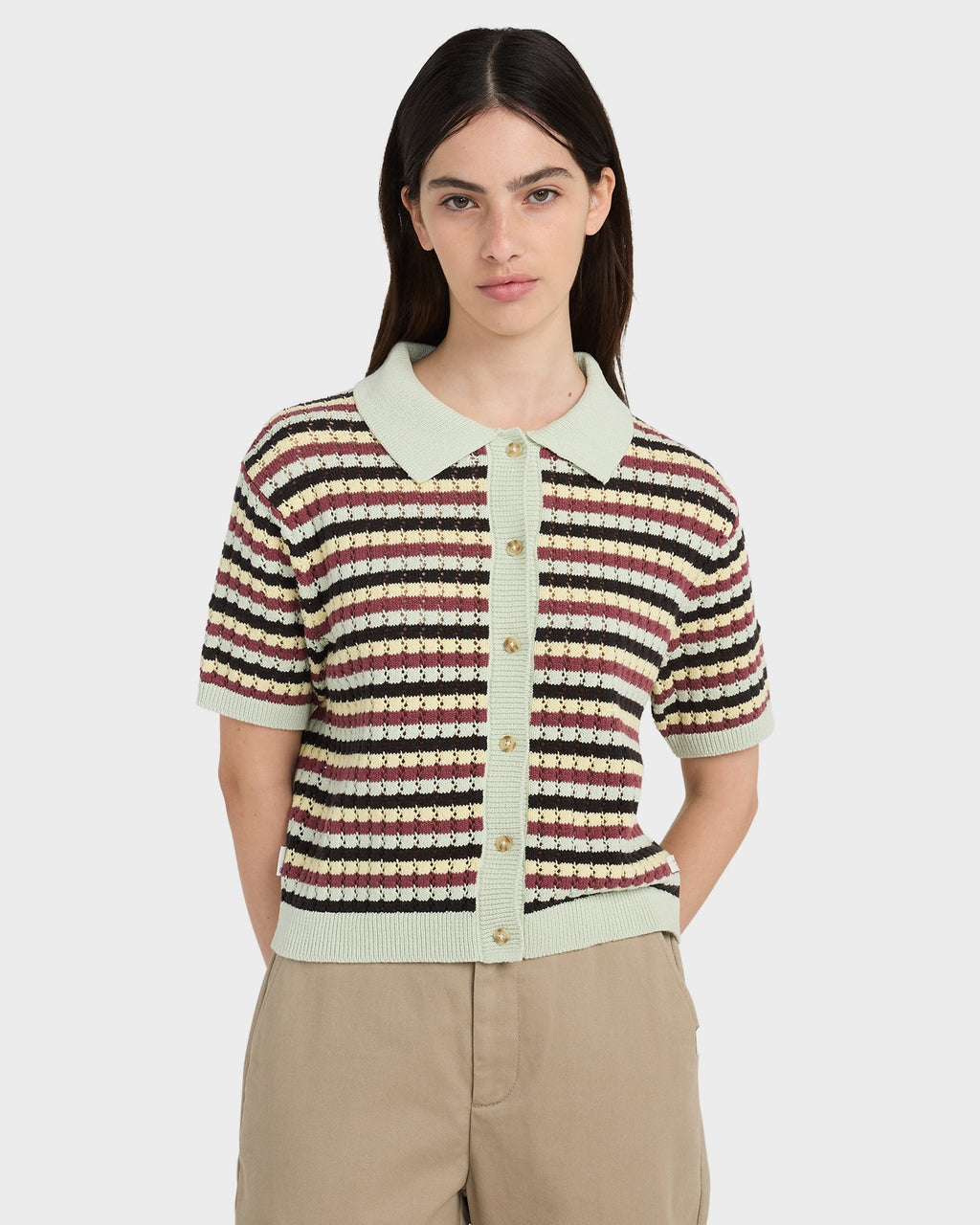 Womens Crochet Stripes Polo Shirt