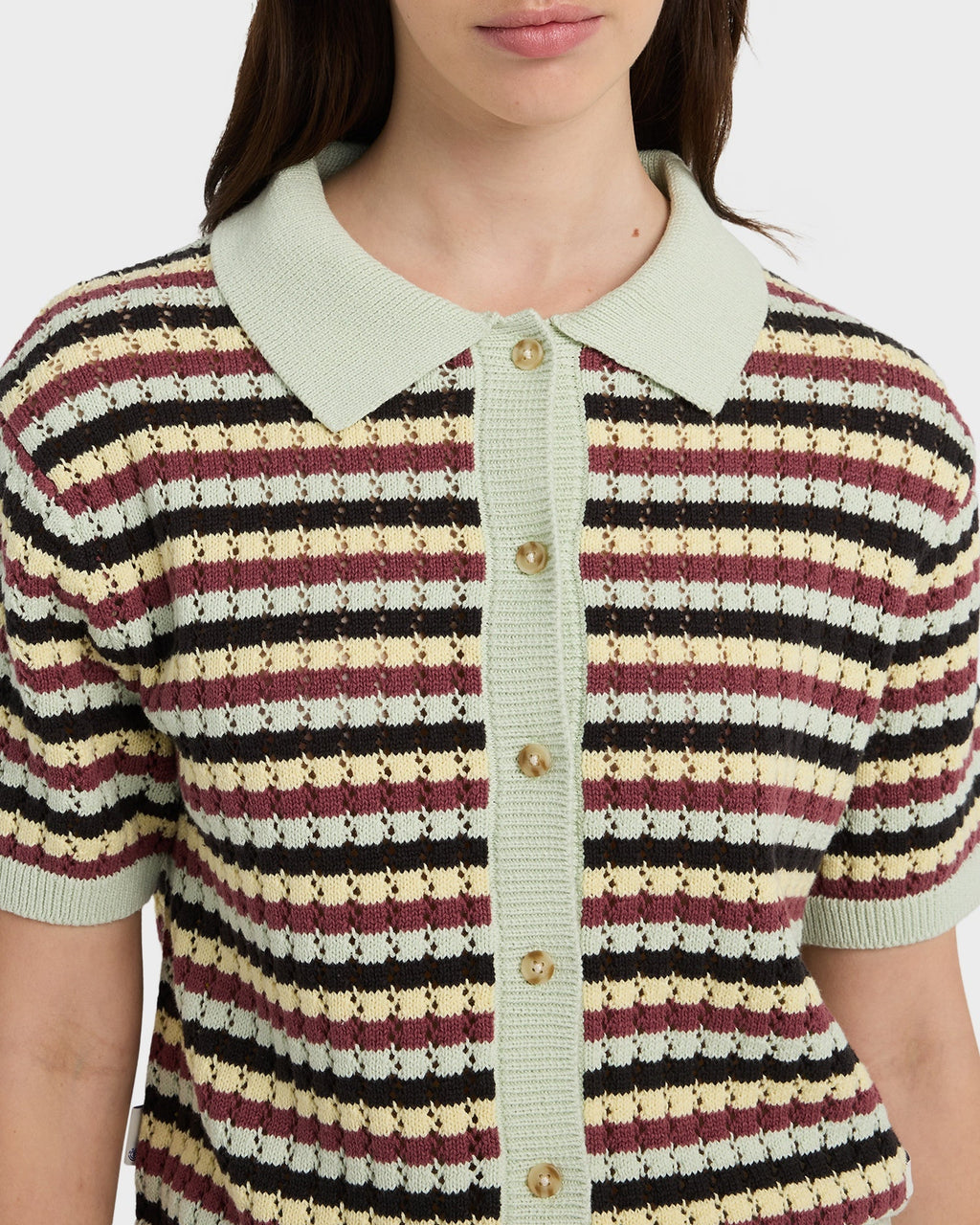 Womens Crochet Stripes Polo Shirt