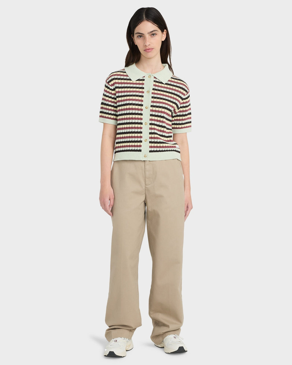 Womens Crochet Stripes Polo Shirt