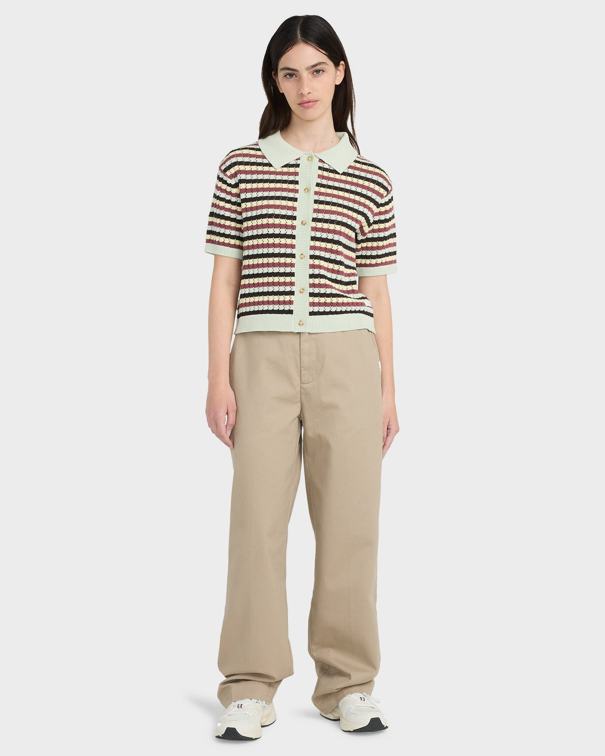 Womens Crochet Stripes Polo Shirt