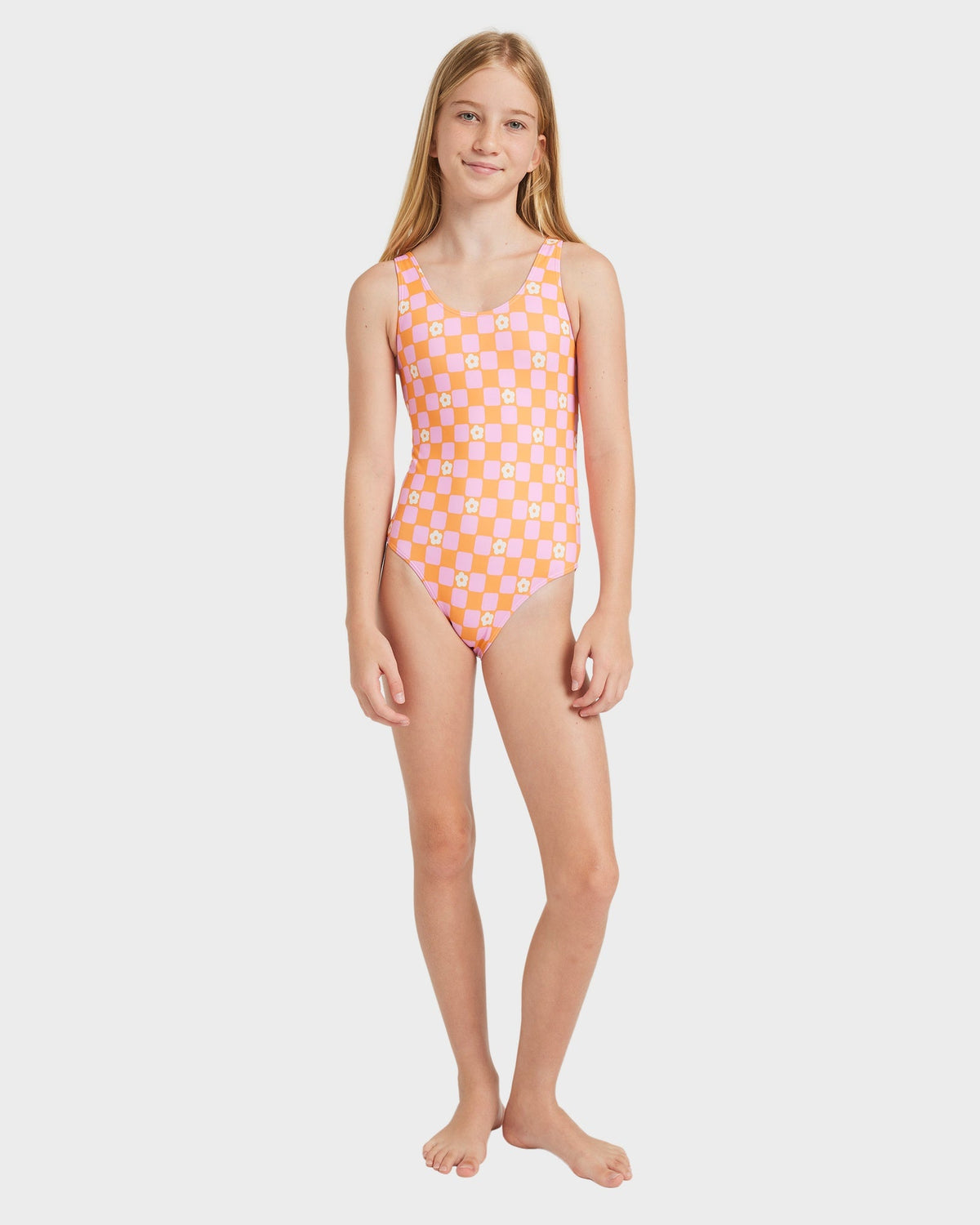 Girls 8-16 Flower Check One Piece