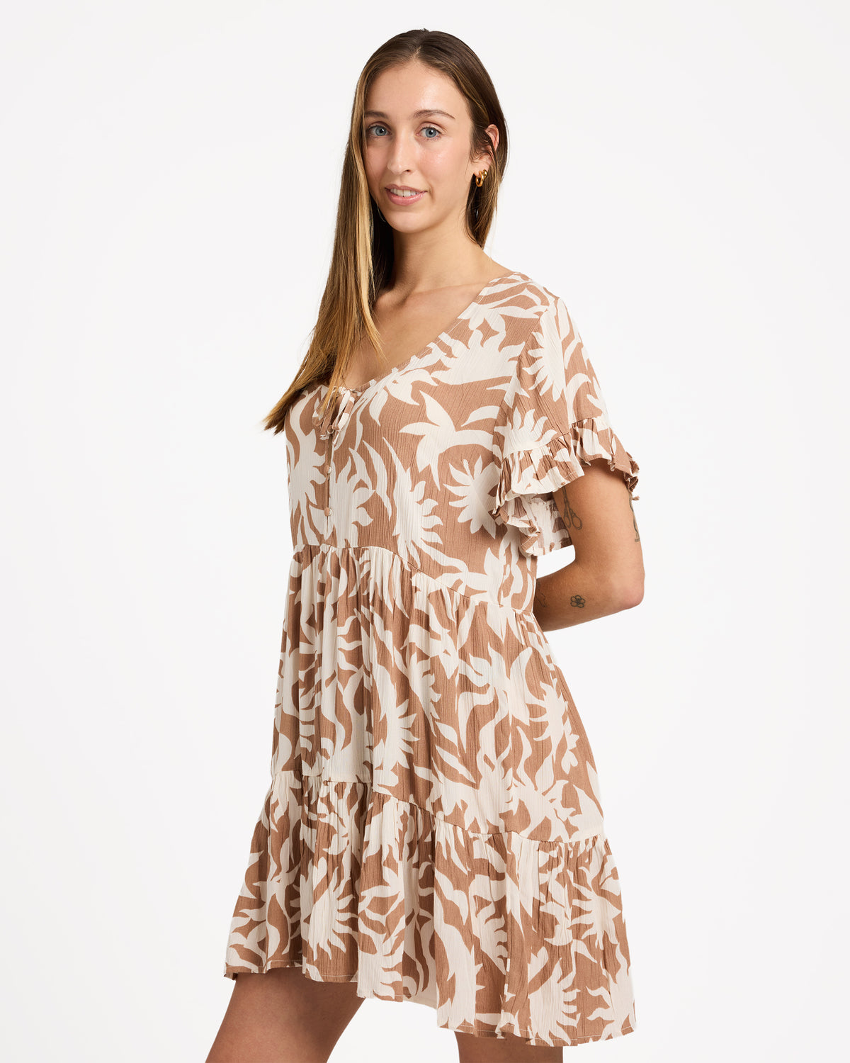 Womens Off Tropic Tier Mini Dress