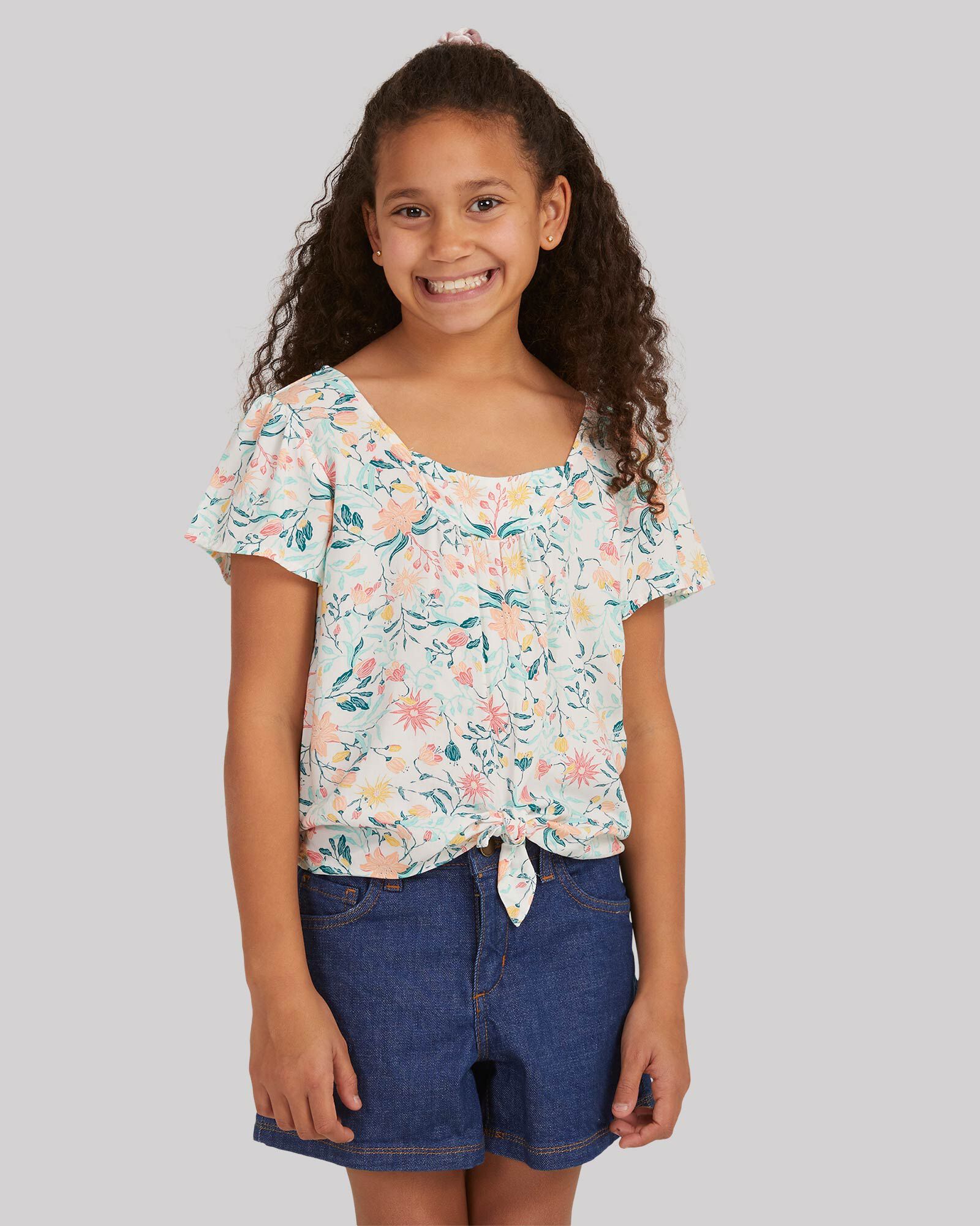 Girls Kids Floral Print Off Shoulder Shirts Tops High Waist Denim Skirts