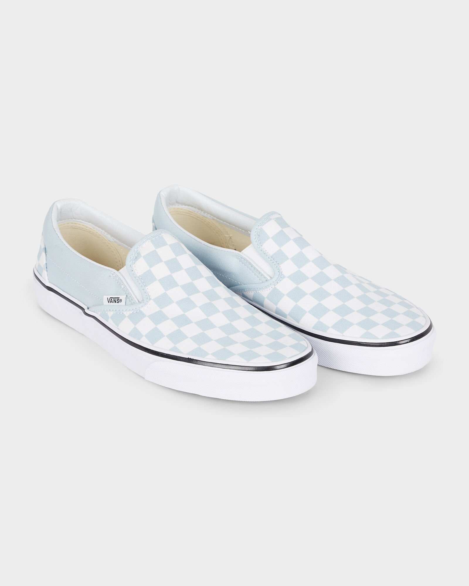 light blue vans with checkers on the side